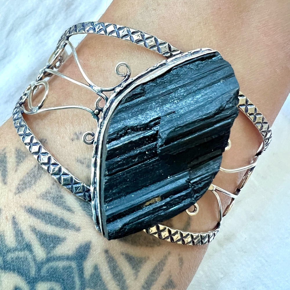 925 Earthy Raw BLACK TOURMALINE Cuff Bracelet